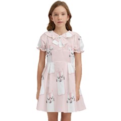 Pattern Pink Cute Sweet Fur Cats Kids  Bow Tie Puff Sleeve Dress by Sarkoni