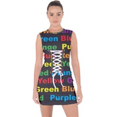 Red Yellow Blue Green Purple Lace Up Front Bodycon Dress by Sarkoni