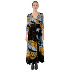 Astronaut Planet Space Science Button Up Boho Maxi Dress by Sarkoni