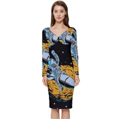 Astronaut Planet Space Science Long Sleeve V-neck Bodycon Dress  by Sarkoni