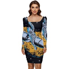 Astronaut Planet Space Science Women Long Sleeve Ruched Stretch Jersey Dress by Sarkoni