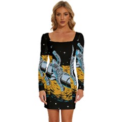 Astronaut Planet Space Science Long Sleeve Square Neck Bodycon Velvet Dress by Sarkoni