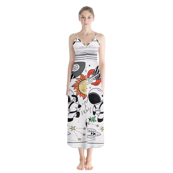 Astronaut Drawing Planet Button Up Chiffon Maxi Dress