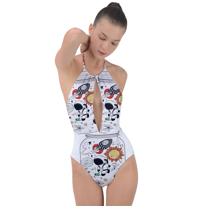 Astronaut Drawing Planet Plunge Cut Halter Swimsuit