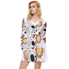 Astronaut Drawing Planet Tiered Long Sleeve Mini Dress by Sarkoni