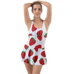 Seamless Pattern Fresh Strawberry Ruffle Top Dress Swimsuit by Sarkoni