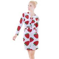 Seamless Pattern Fresh Strawberry Button Long Sleeve Dress by Sarkoni