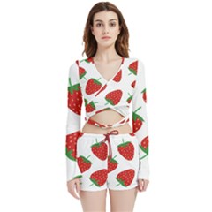 Seamless Pattern Fresh Strawberry Velvet Wrap Crop Top And Shorts Set by Sarkoni