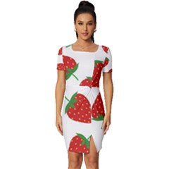 Seamless Pattern Fresh Strawberry Fitted Knot Split End Bodycon Dress by Sarkoni