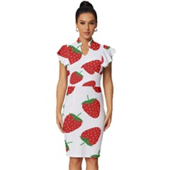 Seamless Pattern Fresh Strawberry Vintage Frill Sleeve V-neck Bodycon Dress by Sarkoni