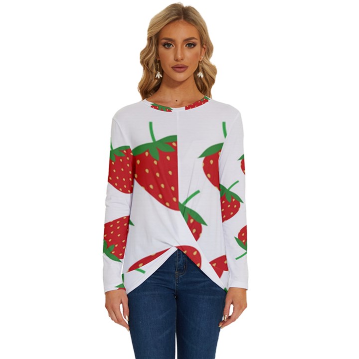 Seamless Pattern Fresh Strawberry Long Sleeve Crew Neck Pullover Top