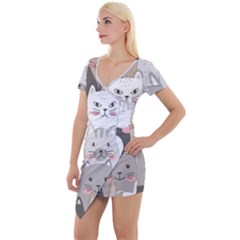 Cute Cats Seamless Pattern Short Sleeve Asymmetric Mini Dress by Sarkoni