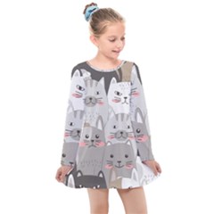 Cute Cats Seamless Pattern Kids  Long Sleeve Dress by Sarkoni