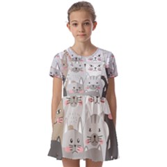 Cute Cats Seamless Pattern Kids  Short Sleeve Pinafore Style Dress by Sarkoni