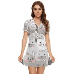 Cute Cats Seamless Pattern V-neck High Waist Chiffon Mini Dress by Sarkoni