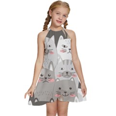 Cute Cats Seamless Pattern Kids  Halter Collar Waist Tie Chiffon Dress by Sarkoni