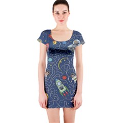 Cat Cosmos Cosmonaut Rocket Short Sleeve Bodycon Dress by Grandong