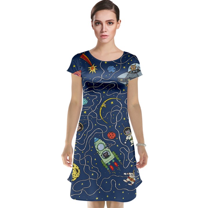 Cat Cosmos Cosmonaut Rocket Cap Sleeve Nightdress