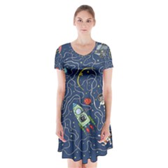 Cat Cosmos Cosmonaut Rocket Short Sleeve V-neck Flare Dress by Grandong