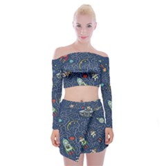 Cat Cosmos Cosmonaut Rocket Off Shoulder Top With Mini Skirt Set by Grandong