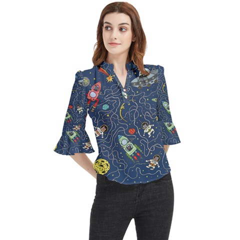 Cat Cosmos Cosmonaut Rocket Loose Horn Sleeve Chiffon Blouse by Grandong