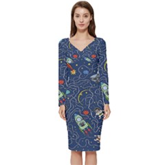 Cat Cosmos Cosmonaut Rocket Long Sleeve V-neck Bodycon Dress  by Grandong