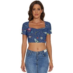 Cat Cosmos Cosmonaut Rocket Short Sleeve Square Neckline Crop Top  by Grandong