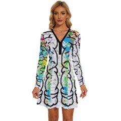 Brain Mind Psychology Idea Drawing Long Sleeve Deep V Mini Dress  by Grandong