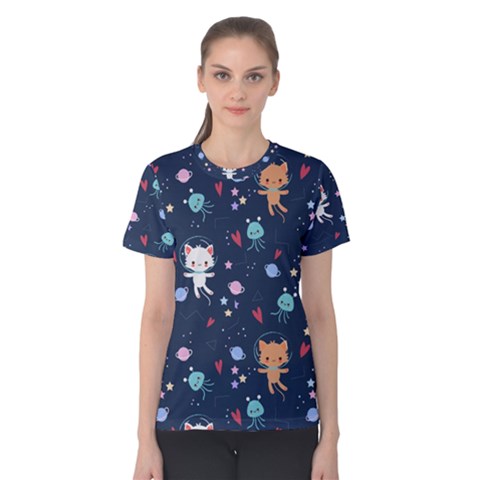 Cute Astronaut Cat With Star Galaxy Elements Seamless Pattern Women s Cotton T-shirt by Grandong