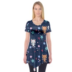 Cute Astronaut Cat With Star Galaxy Elements Seamless Pattern Short Sleeve Tunic  by Grandong