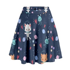 Cute Astronaut Cat With Star Galaxy Elements Seamless Pattern High Waist Skirt by Grandong