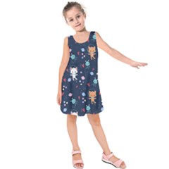 Cute Astronaut Cat With Star Galaxy Elements Seamless Pattern Kids  Sleeveless Dress by Grandong