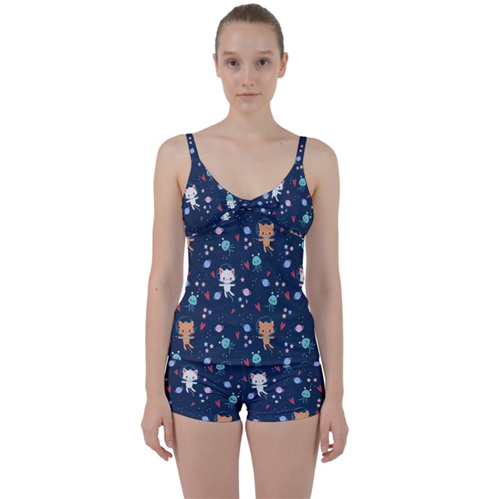 Cute Astronaut Cat With Star Galaxy Elements Seamless Pattern Tie Front Two Piece Tankini