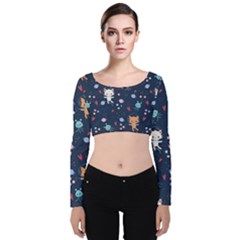 Cute Astronaut Cat With Star Galaxy Elements Seamless Pattern Velvet Long Sleeve Crop Top by Grandong