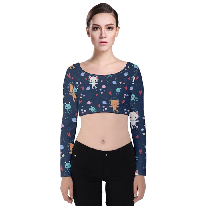 Cute Astronaut Cat With Star Galaxy Elements Seamless Pattern Velvet Long Sleeve Crop Top