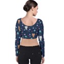 Cute Astronaut Cat With Star Galaxy Elements Seamless Pattern Velvet Long Sleeve Crop Top View2