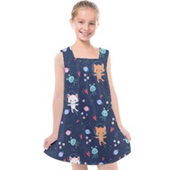 Cute Astronaut Cat With Star Galaxy Elements Seamless Pattern Kids  Cross Back Dress by Grandong