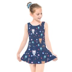 Cute Astronaut Cat With Star Galaxy Elements Seamless Pattern Kids  Skater Dress Swimsuit by Grandong