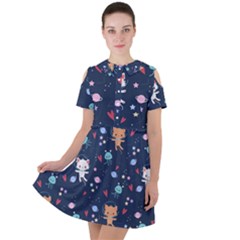 Cute Astronaut Cat With Star Galaxy Elements Seamless Pattern Short Sleeve Shoulder Cut Out Dress  by Grandong