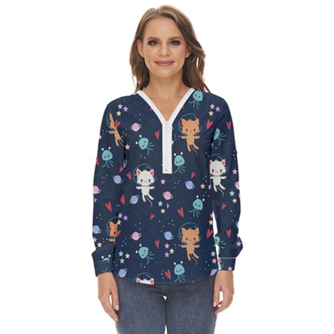 Cute Astronaut Cat With Star Galaxy Elements Seamless Pattern Zip Up Long Sleeve Blouse by Grandong