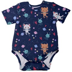 Cute Astronaut Cat With Star Galaxy Elements Seamless Pattern Baby Short Sleeve Bodysuit by Grandong