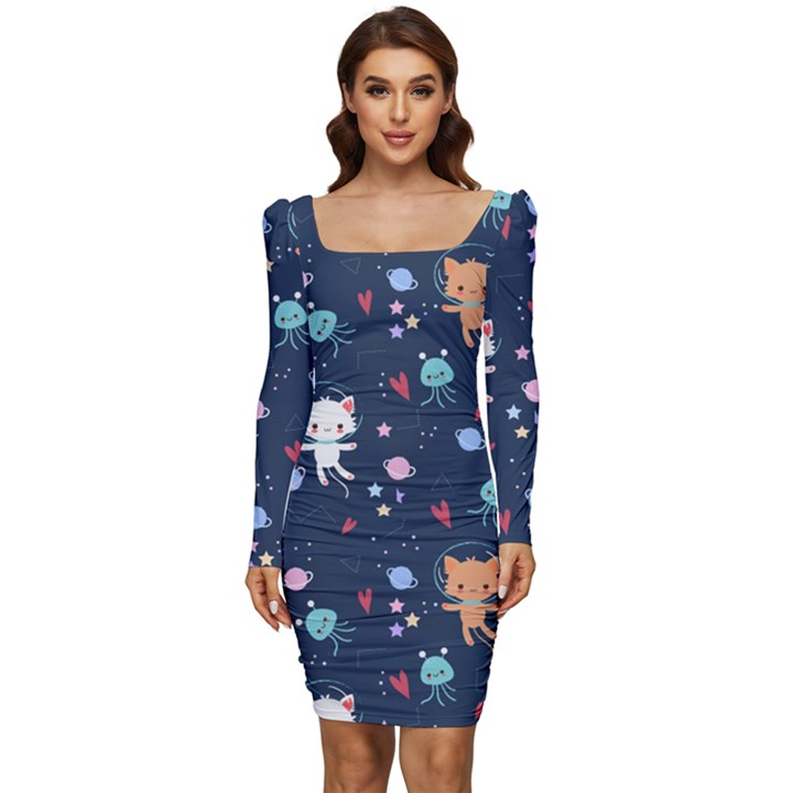 Cute Astronaut Cat With Star Galaxy Elements Seamless Pattern Women Long Sleeve Ruched Stretch Jersey Dress