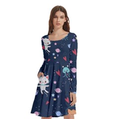 Cute Astronaut Cat With Star Galaxy Elements Seamless Pattern Long Sleeve Knee Length Skater Dress With Pockets by Grandong