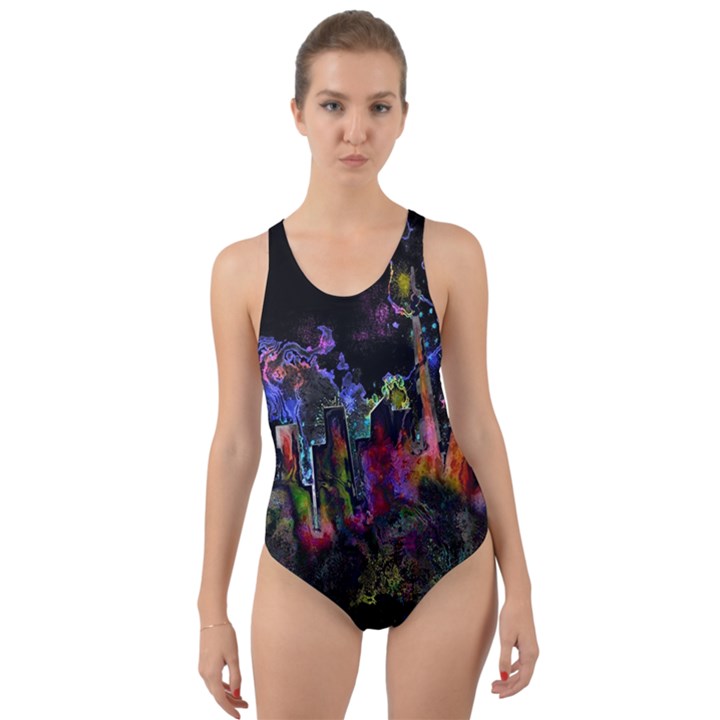 Grunge Paint Splatter Splash Ink Cut-Out Back One Piece Swimsuit