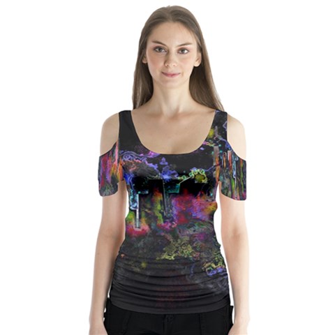 Grunge Paint Splatter Splash Ink Butterfly Sleeve Cutout T-shirt  by Grandong