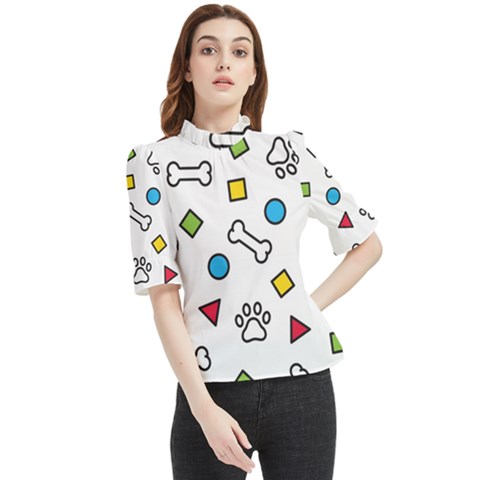 Dog Paw Seamless Pattern Footprint Bone Frill Neck Blouse by Grandong