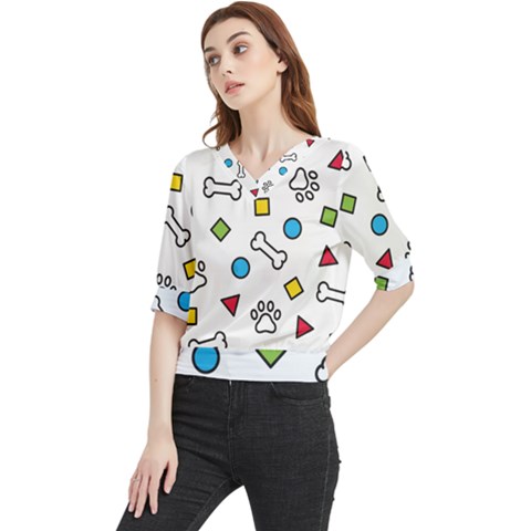 Dog Paw Seamless Pattern Footprint Bone Quarter Sleeve Blouse by Grandong