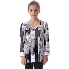 Cute Cat Hand Drawn Cartoon Style Kids  V Neck Casual Top by Grandong