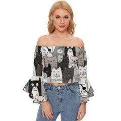 Cute Cat Hand Drawn Cartoon Style Off Shoulder Flutter Bell Sleeve Top by Grandong