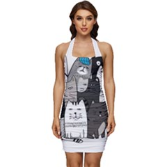 Cute Cat Hand Drawn Cartoon Style Sleeveless Wide Square Neckline Ruched Bodycon Dress by Grandong